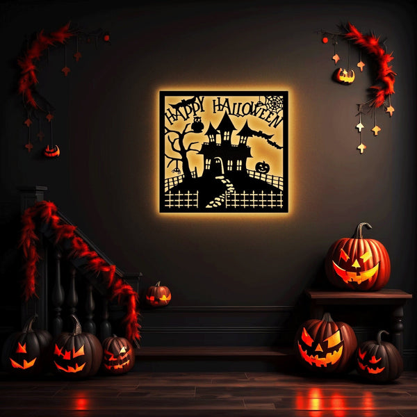 Haunted House Halloween Wreath Metal Wall Art LED Light , Halloween Outdoor Perfect Gift, Metal Halloween With LED, Halloween Gift.1