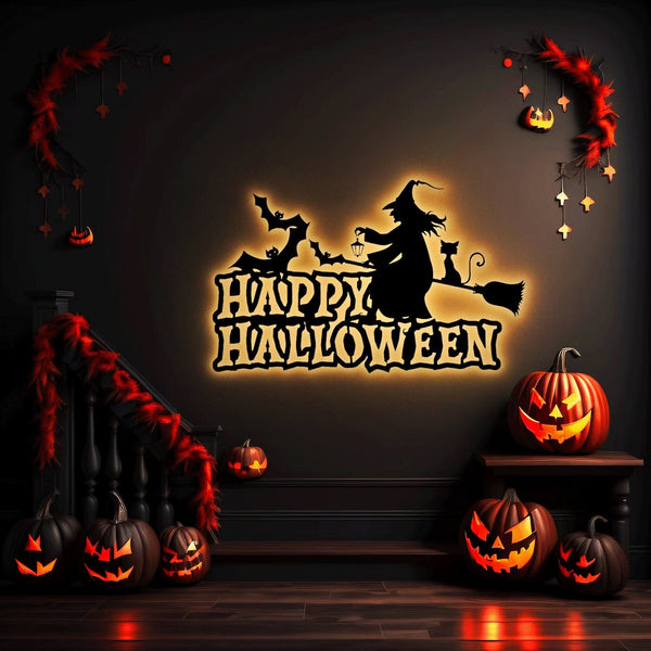 Happy Halloween Metal Wall Art with LED Light, Happy Halloween Sign Home Decor, Halloween Metal Light, Perfect for Gift and Home Decor.1