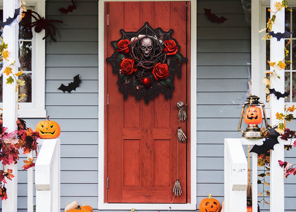 Metal Skull and Roses Sign, Halloween Front Door Sign, Metal Halloween Skull Sign, Halloween Decor Sign, Metal Greeting Sign