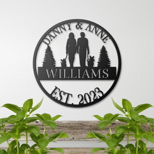 Personalized Wedding Gift, Custom Metal Signs, Monogram Wall Decor, Couple With Dogs Sign, Last Name Sign, Family Name Sign, Custom Metal Art