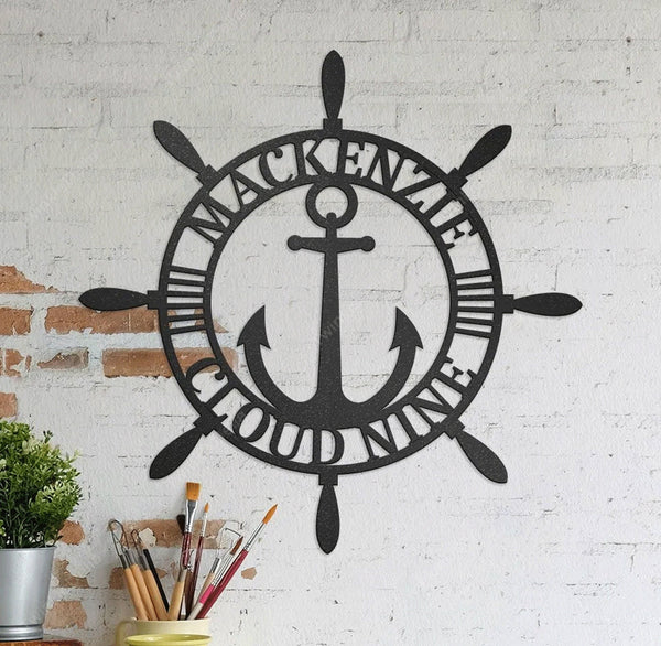 Nautical Metal Wall Art, Anchor With Custom Text in Helm Wheel Personalized Metal Sign,  Helm Wheel Wall Art, Dad Gift, Anniversary Gift.1