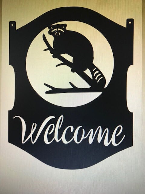 Metal RACCOON sign , Coon on a limb, welcome  sign