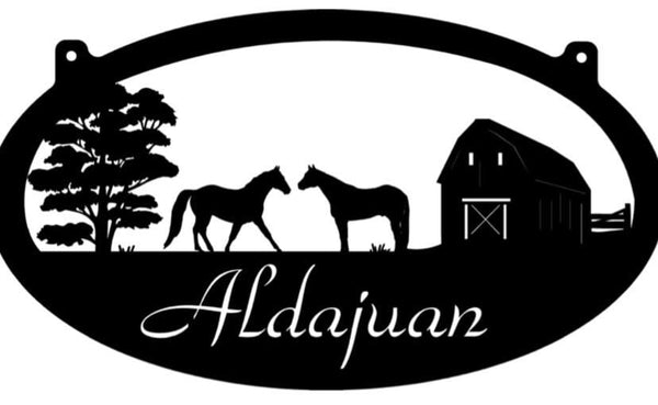 Personalized Metal HORSE Sign with  BARn and HORSES and YOUR Name