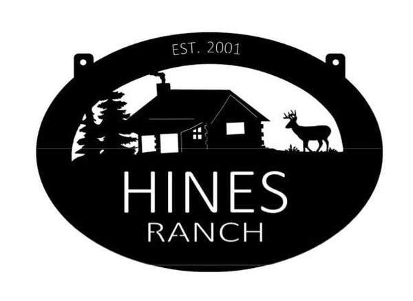 Personalized, metal SIGN with CABIN and DEER or Elk or bear or moose or doe-fawn