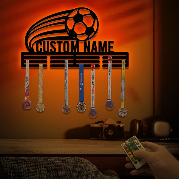 Custom Name Soccer Medal Hanger with Led Light, Medal Holder Display Rack for Awards and Ribbons, Tiered Award Rack, Soccer Team Gift Decor