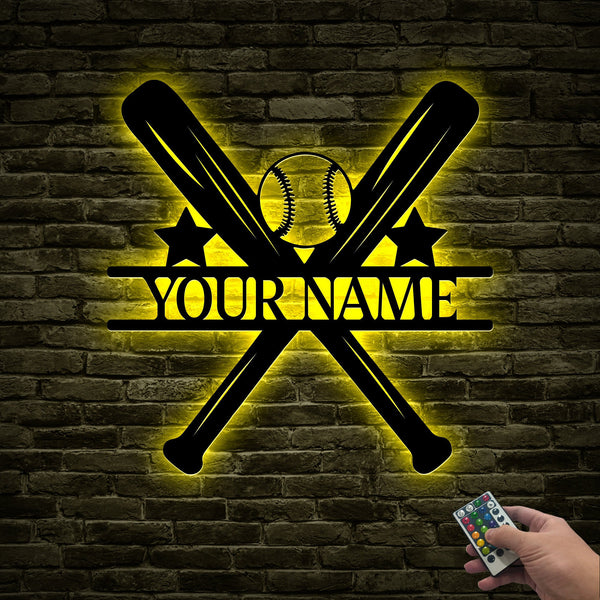 Personalized Baseball Swing Bat Metal Wall Art With Lights, Custom Player Name Sign, Baseball Lover Sign Decor For Living Room Birthday Gift