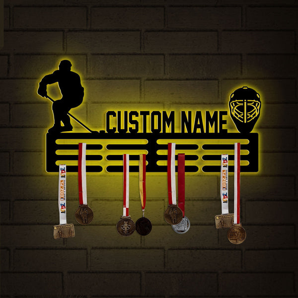 Custom Name Hockey Medal Hanger with Led Light, Medal Holder Display Rack for Awards and Ribbons, Tiered Award Rack, Hockey Team Gift