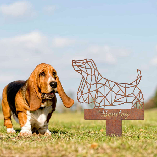 Rusty Basset Hound Geometric Garden Stake, Basset Hound Rusted Metal Yard Art, Dog Garden Sign, Vintage Outdoor Decor, Geometric Dog Gift