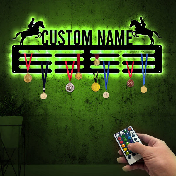 Custom Name Equestrian Medal Hanger with Led Light, Sports Medal Holder Display Rack for Awards and Ribbons, Tiered Award Rack, Horse Riding