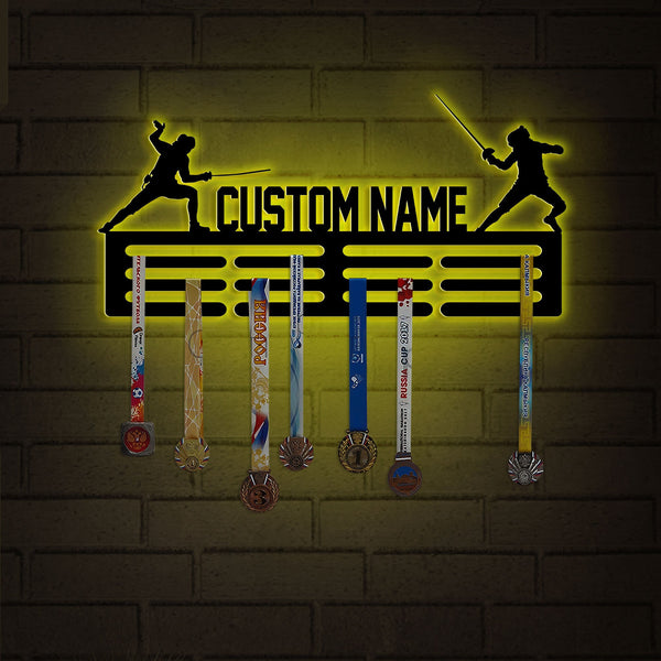 Custom Name Fencing Medal Hanger with Led Light, Sports Medal Holder Display Rack for Awards and Ribbons, Tiered Award Rack, Fencer Gift