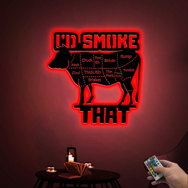 I'd Smoke That Barbecue Metal Wall Art with LED Light, Cow Beef Butcher, Grilling Backyard Decor, Grill Dad Gifts, BBQ Gifts, Wall Hangings