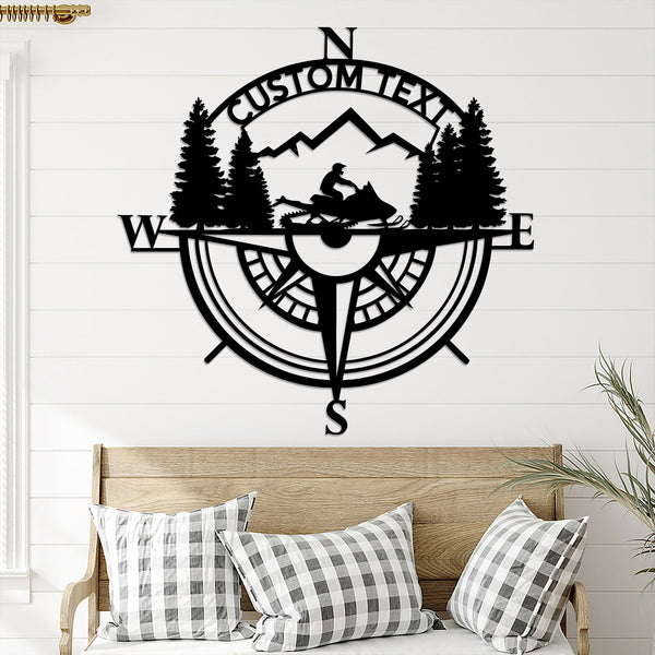 Personalized Snowmobile Compass Metal Wall Art With Led Lights, Winter Sport Metal Sign, Gaming Area Sign, Riding Snowmobile Sign, Xmas Gift