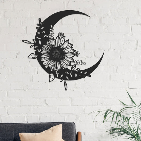 Sunflower Moon Metal Sign, Living Room Sign, Floral Moon Sign, Housewarming Gift, Gift For Lover, Anniversary Gift, House Decor