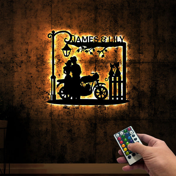 Personalized Romantic Couple Metal Wall Art With Led Lights, Couple Motorcycle Sign, Couple With Cats Sign, Christmas Gift, Valentine's Day