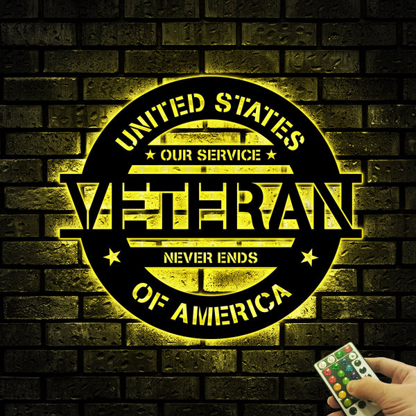 Veteran Metal Wall Art With Led Lights, Our Service Never Ends, Proud Veteran Sign, US Army Veteran Gift, US Soldier Gift, Dad Gift