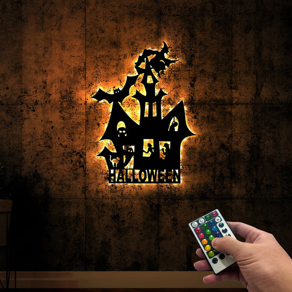 Haunted Witch House Metal Wall Art With Led Lights, Spooky Castle Sign, Creepy Halloween Sign Living Room Decor Halloween Gift Garland Decor