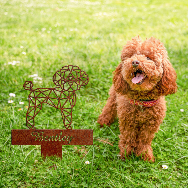 Rusty Poodle Geometric Garden Stake, Poodle Rusted Metal Yard Art, Dog Garden Sign, Vintage Outdoor Decor, Geometric Dog Gift