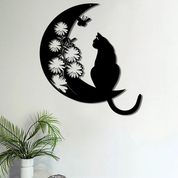 Cat and Moon Metal Wall Art, Floral Cat Wall Decor, Cat on Moon, Cat Lover Gift, Animal Decor, Home Decor, Housewarming Gift, Moon Cat Decor