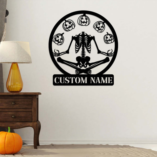 Custom Skeleton Throwing Pumpkin Metal Wall with Led Light, Funny Halloween Sign, Spooky Home Decor, Skeleton Lover Gift, Halloween Pumpkin