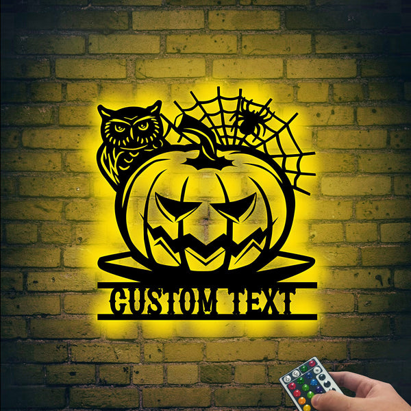 Personalized Pumpkin Halloween Metal Wall Art With Led Lights, Owl & Spider Web Sign, Happy Halloween Decoration, Halloween Gift For Family