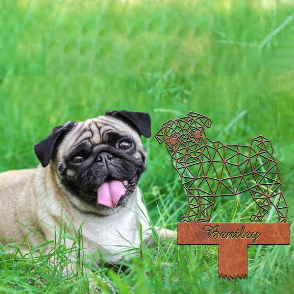 Pug Dog Geometric Garden Stake Rusty, Pug Dog Rusted Metal Yard Art, Dog Garden Sign, Vintage Outdoor Decor, Geometric Dog Gift