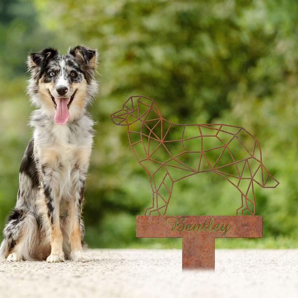 Miniature American Shepherd Geometric Garden Stake Rusty, Rusted Metal Yard Art, Dog Garden Sign, Vintage Outdoor Decor, Geometric Dog Gift