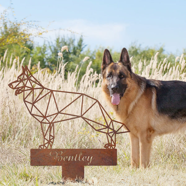 German Shepherd Dog Geometric Garden Stake Rusty, Rusted Metal Yard Art, Dog Garden Sign, Vintage Outdoor Decor, Geometric Dog Gift