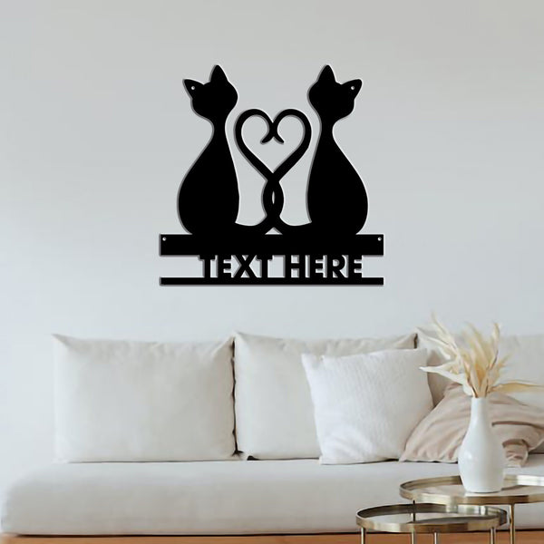 Personalized black cat metal sign/heart-shaped metal sign/retro couple cat wall hanging/anniversary decor/custom surname metal sign/led sign