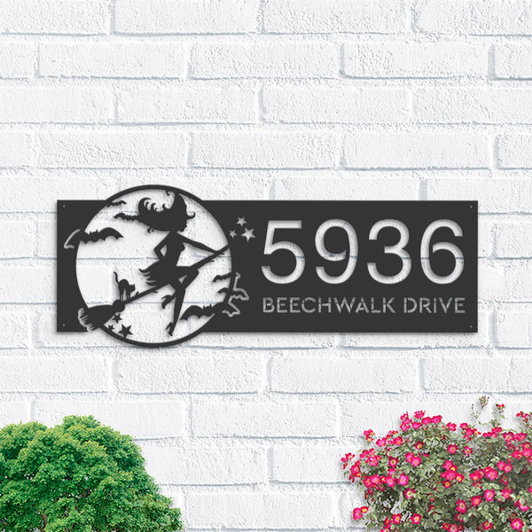 Personalized Witch and black cat flying halloween  Metal Address Sign House number Hanging Address Plaque Yard Outdoor Sign Garden Stake