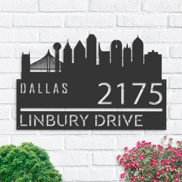 Personalized Dallas city skyline Metal Address Sign Hanging Address Plaque house number Yard Outdoor Sign Garden Stake