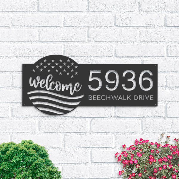 Personalized Welcome US flag 4th of July Metal Address Sign House number Hanging Address Plaque Yard Sign Outdoor decor Garden Stake