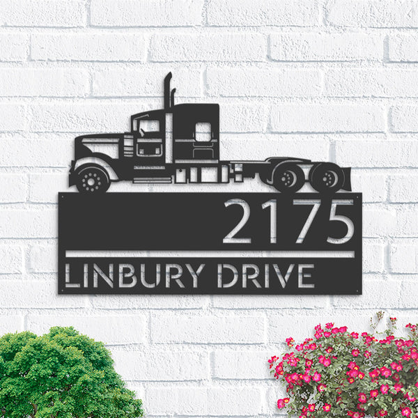 Personalized Semi truck driver trucker Metal Address Sign House number Hanging Address Plaque Yard Sign, Outdoor Sign | Garden Stake