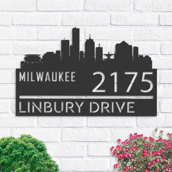 Personalized Milwaukee city skyline Metal Address Sign Hanging Address Plaque house number Yard Outdoor Sign Garden Stake