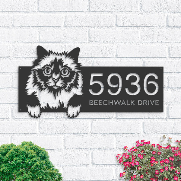 Personalized Holy Burma Cute peeking cat kitten Metal Address Sign House number Hanging Address Plaque Yard Sign Outdoor Sign Garden Stake