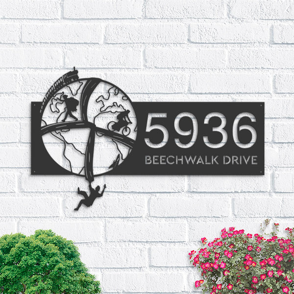 Personalized World traveling adventure Address Sign House number Hanging Address Plaque Yard Sign Outdoor Sign Garden Stake