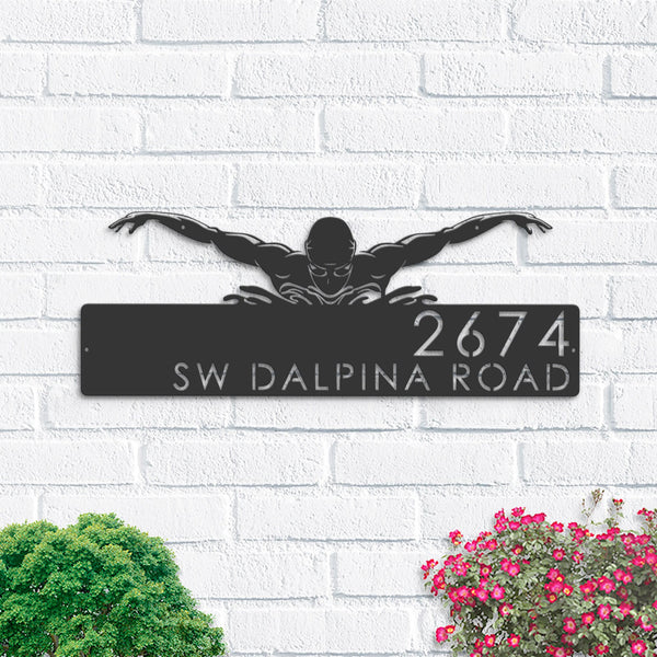 Personalized Swimmer Swimming pool summer sport Metal Address Sign | Hanging Address Plaque | Yard Sign, Outdoor Sign | Garden Stake