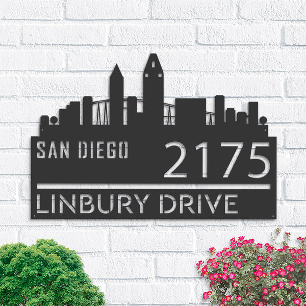 Personalized San Diego city skyline Metal Address Sign Hanging Address Plaque house number Yard Outdoor Sign Garden Stake