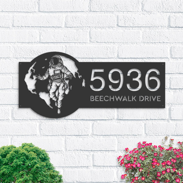 Personalized Astronaut on globe spaceman adventure Address Sign House number Hanging Address Plaque Yard Sign Outdoor Sign Garden Stake