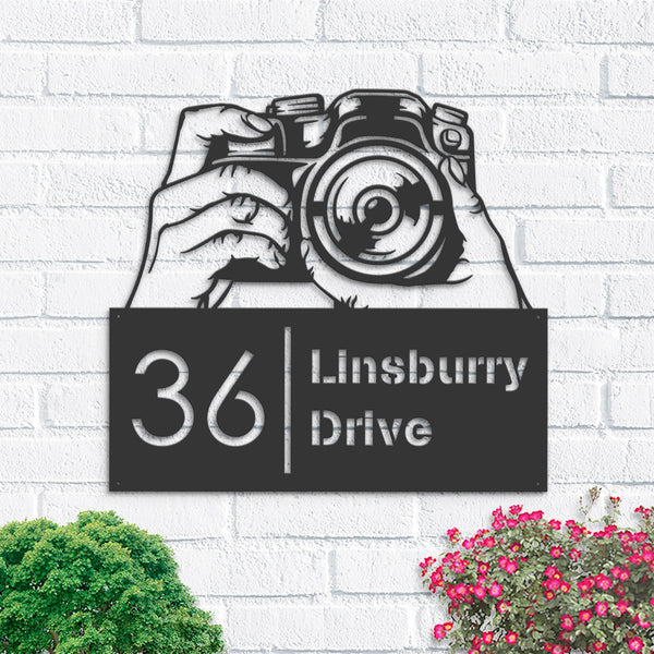 Personalized Hands holding camera photography Metal Address Sign House number Hanging Address Plaque Yard Sign, Outdoor Sign Garden Stake