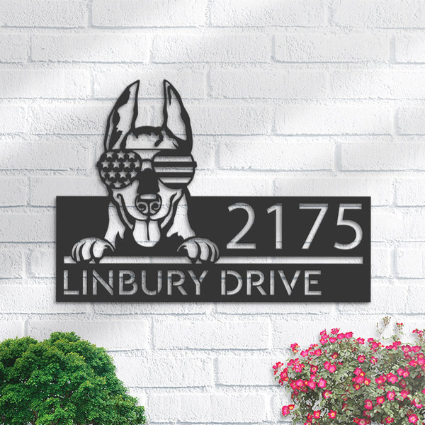 Personalized Doberman dog US flag glasses Metal Address Sign House number Hanging Address Plaque Yard Sign Outdoor decor Garden Stake