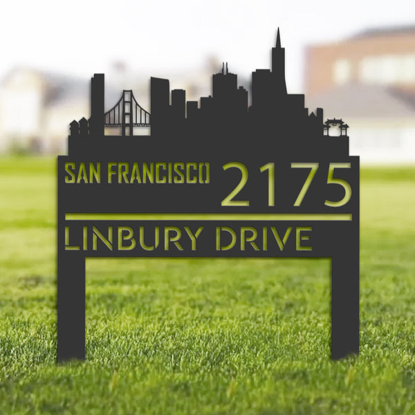 Personalized San Francisco city skyline Metal Address Sign Hanging Address Plaque house number Yard Outdoor Sign Garden Stake