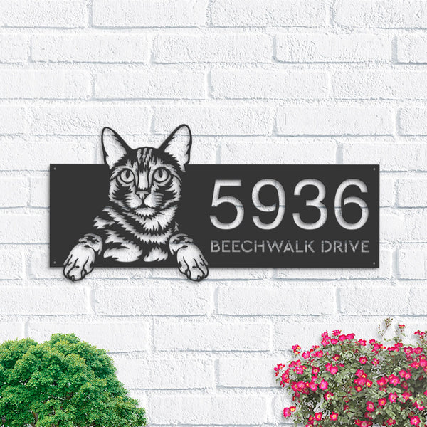 Personalized Bengal Cute peeking cat kitten Metal Address Sign House number Hanging Address Plaque Yard Sign Outdoor Sign Garden Stake