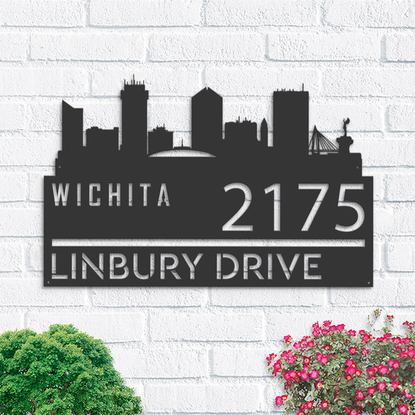 Personalized Wichita city skyline Metal Address Sign Hanging Address Plaque house number Yard Outdoor Sign Garden Stake