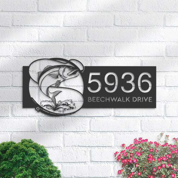 Personalized Bluefish fishing rod bait hook Metal Address Sign House number Hanging Address Plaque Yard Sign Outdoor Sign Garden Stake