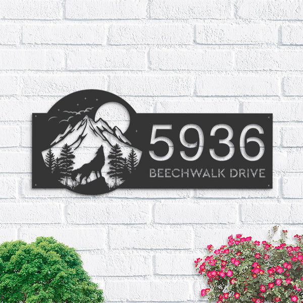 Personalized Wolf howling on full moon Metal Address Sign House Number, Hanging Address Plaque | Yard Sign, Outdoor Sign| Garden Stake