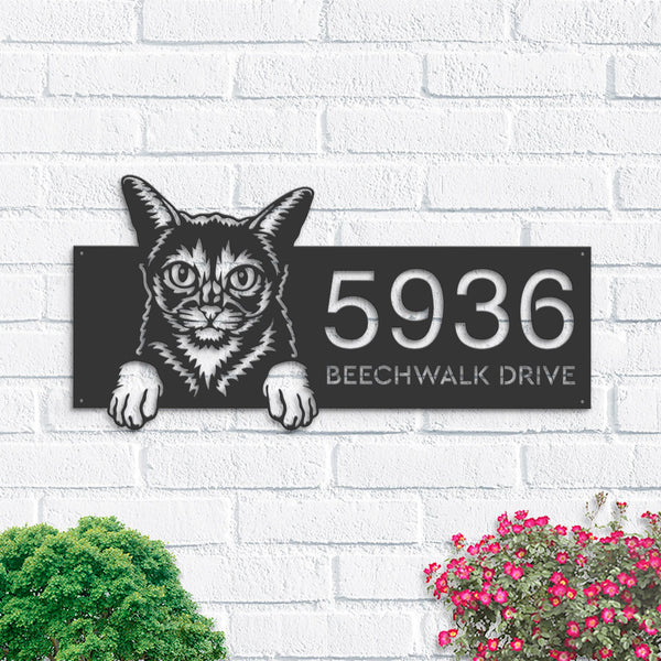 Personalized Abyssinian Cute peeking cat kitten Metal Address Sign House number Hanging Address Plaque Yard Sign Outdoor Sign Garden Stake