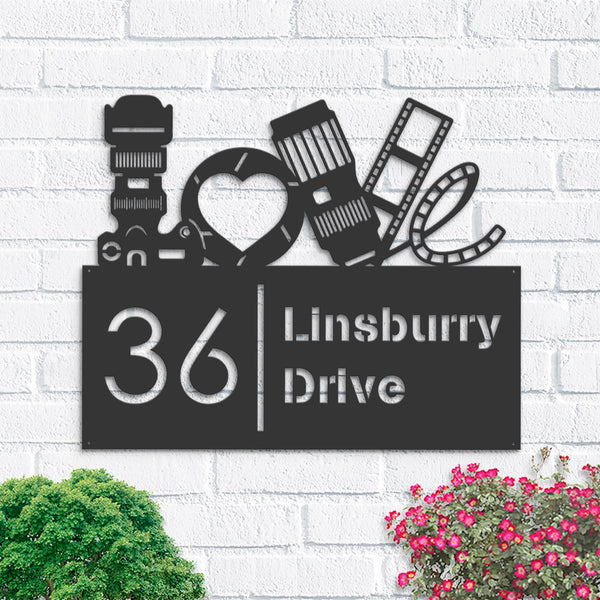 Personalized Love Photography Camera Photographer Metal Address Sign House number Hanging Address Plaque Yard Sign Outdoor Sign Garden Stake