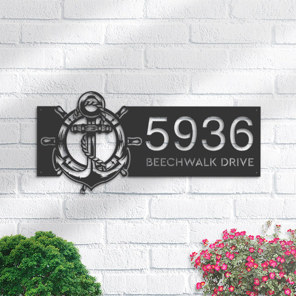 Personalized Anchor and ship rope with ship wheel Metal Address Sign House number Hanging Address Plaque Yard Sign Outdoor Sign Garden Stake