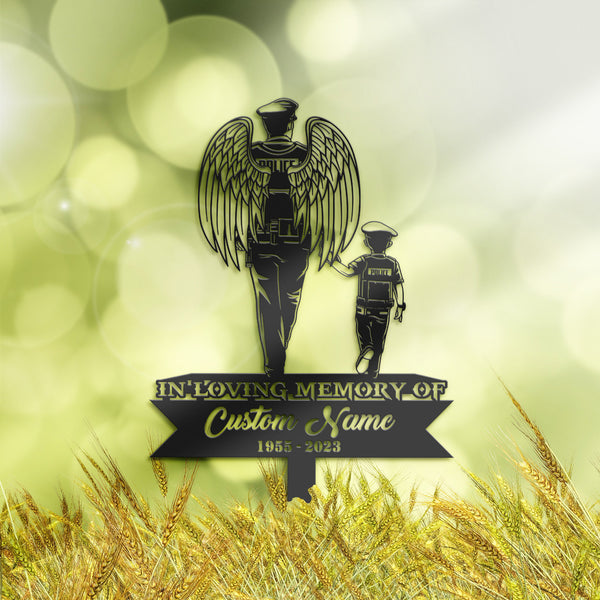 Personalized Angel police officer father and son Memorial Stake, Metal Stake, Sympathy Sign, Grave Marker, Remembrance Stake