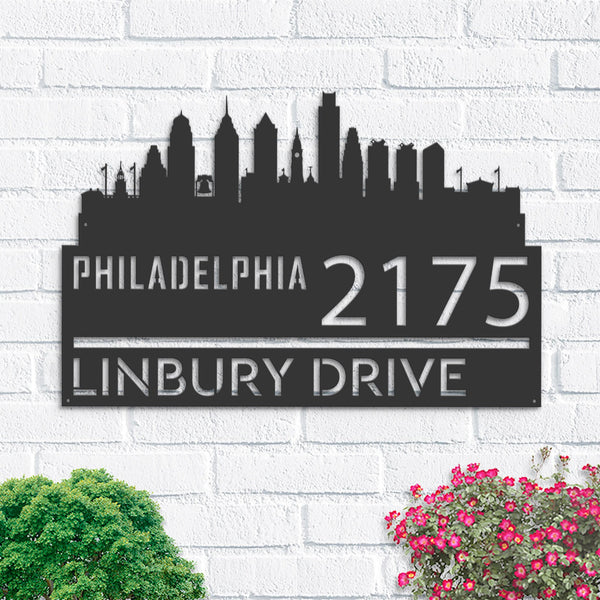 Personalized Philadelphia city skyline Metal Address Sign Hanging Address Plaque house number Yard Outdoor Sign Garden Stake